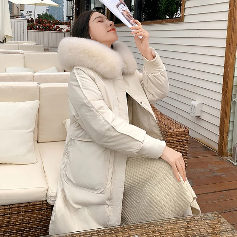 

White Down Western Style 2021 Winter New Medium Long Large Wool Collar Coat Women Fashion Recommend Best Harajuku Temperament