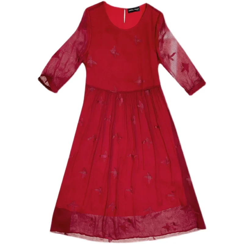 

2021 Elegant Embroidery Red Mulberry Silk Maxi Dress Summer Vintage Loose L-4XL Plus Size Midi Dress Women Party Vestidos