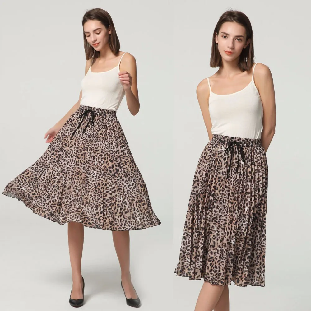 

New fashion women's casual leopard print lace-up bow tie with elastic waist pleated skirt