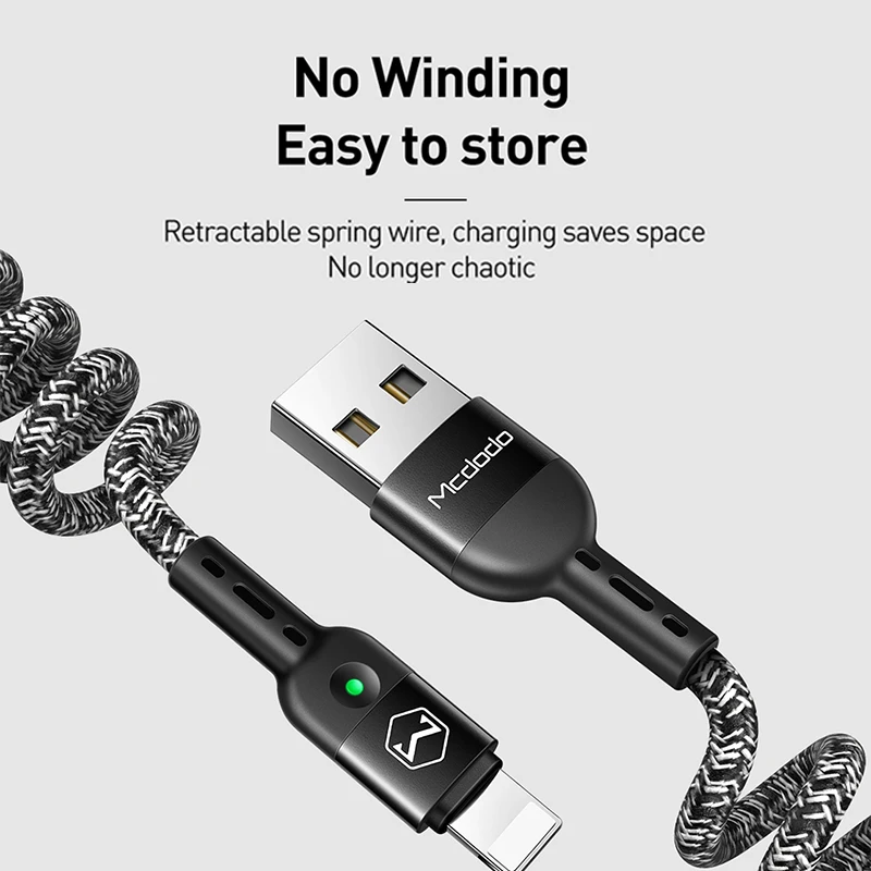 mcdodo usb cable spring extension landline charger cord for iphone 13 12 11 pro xs max xr x 8 fast charge pd phone led data wire free global shipping