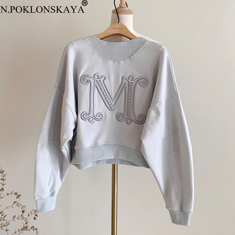 

Embroidery Sweatshirts Women Autumn Tops Long Sleeve O Neck Pullovers Cotton Hoodies Korea Fashion Female Oversize Sweatshirt