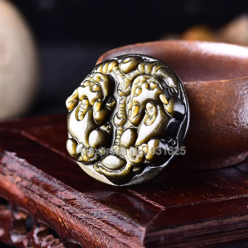 Красивый натуральный золотистый обсидиан ручной резной круглый двойной PiXiu Lucky