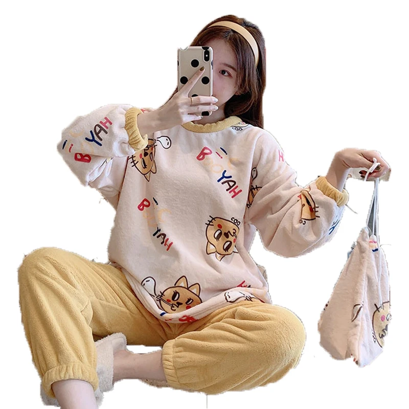 

Winter coral fleece pajamas women's fall and winter outer wear thickening plus fluffy cute winter flannel home service suit
