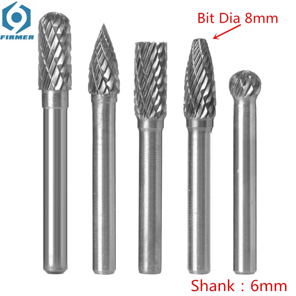 Carbide Burrs 5pcs 1/4" Shank 8mm/12mm Double Cut Tungsten Carbide Rotary File Cutting Burs Tool Rotary Burrs Die Grinder Bits