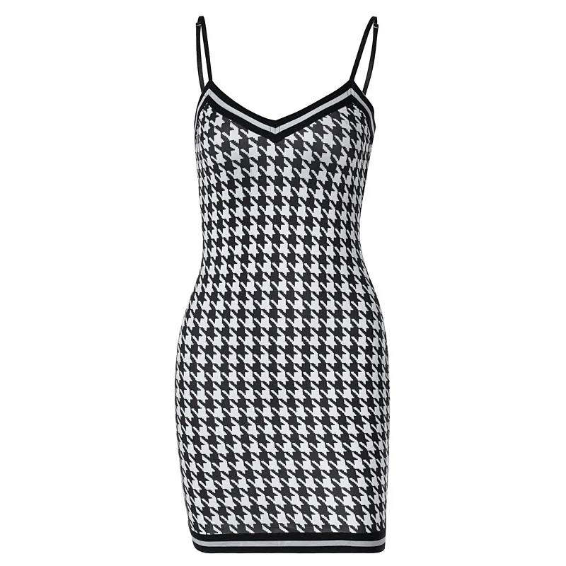 

Summer Sexy Houndstooth Print Mini Dress for Women Bodycon Y2k Summer Elegant Slim Spaghetti Strap Party Club Birthday Outfits