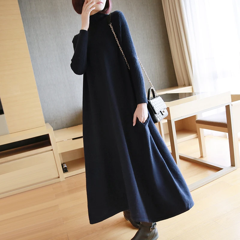Осенне-зимний женский пуловер с высоким воротником длинное платье-свитер