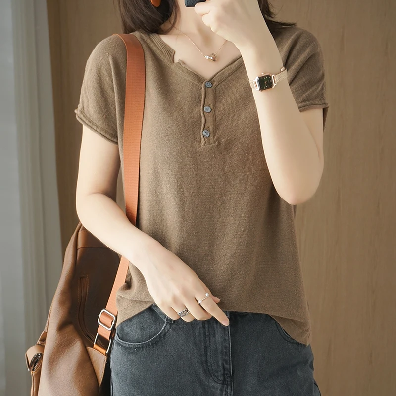 2020 New Cotton and Knit Short-Sleeved Female V-Neck Loose Loose Thin T-shirt Summer Half-sleeved Shirt Solid Color Bottoming