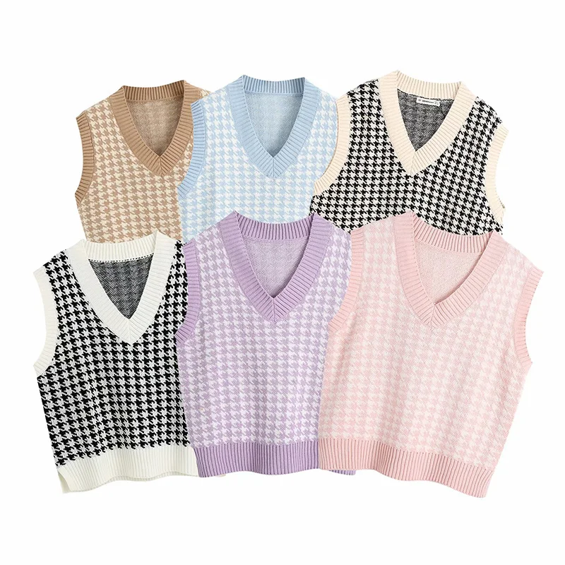 

Women 2020 Fashion Plaid Casual Loose Knitted Vest Sweater V Neck Sleeveless Elegant Female Waistcoat Office Ladies Chic Tops
