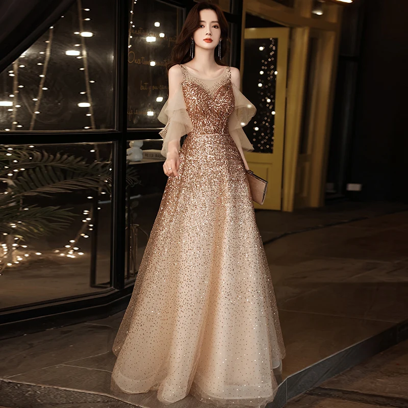 

Evening Dress Luxurious Ruffles Short Sleeves Simple O-Neck A-Line Sequins Lace Up Floor-Length Woman Formal Party Gowns A804