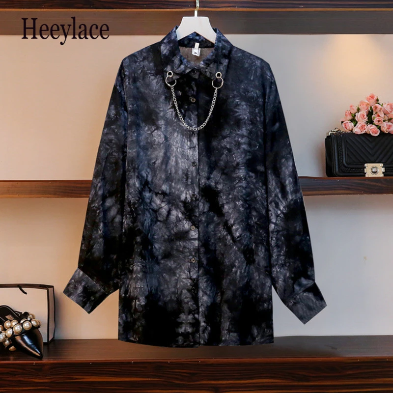 

Plus Size Women Streetwear Fashion Long Sleeve Blouse Autumn 2020 Punk Chain Rivet Turn-down Collar Loose Harajuku Shirts