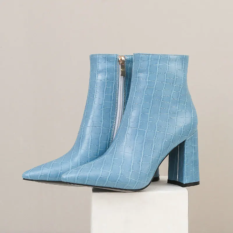 

2021 Hot Sale Ladies Ankle Boots Sexy Thick Heels Pointed Toe Ladies Boots Winter Women Boots Black Blue Brown