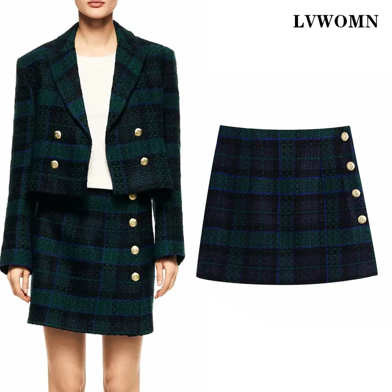 

LVWOMN Vintage Plaid Mini Skirts Women Za 2021 Metal Button High Waist A-line Skirt Fashion Office Female Skirts