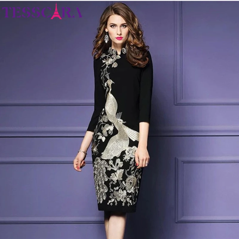 Женское винтажное платье-карандаш TESSCARA элегантное офисное платье с вышивкой в