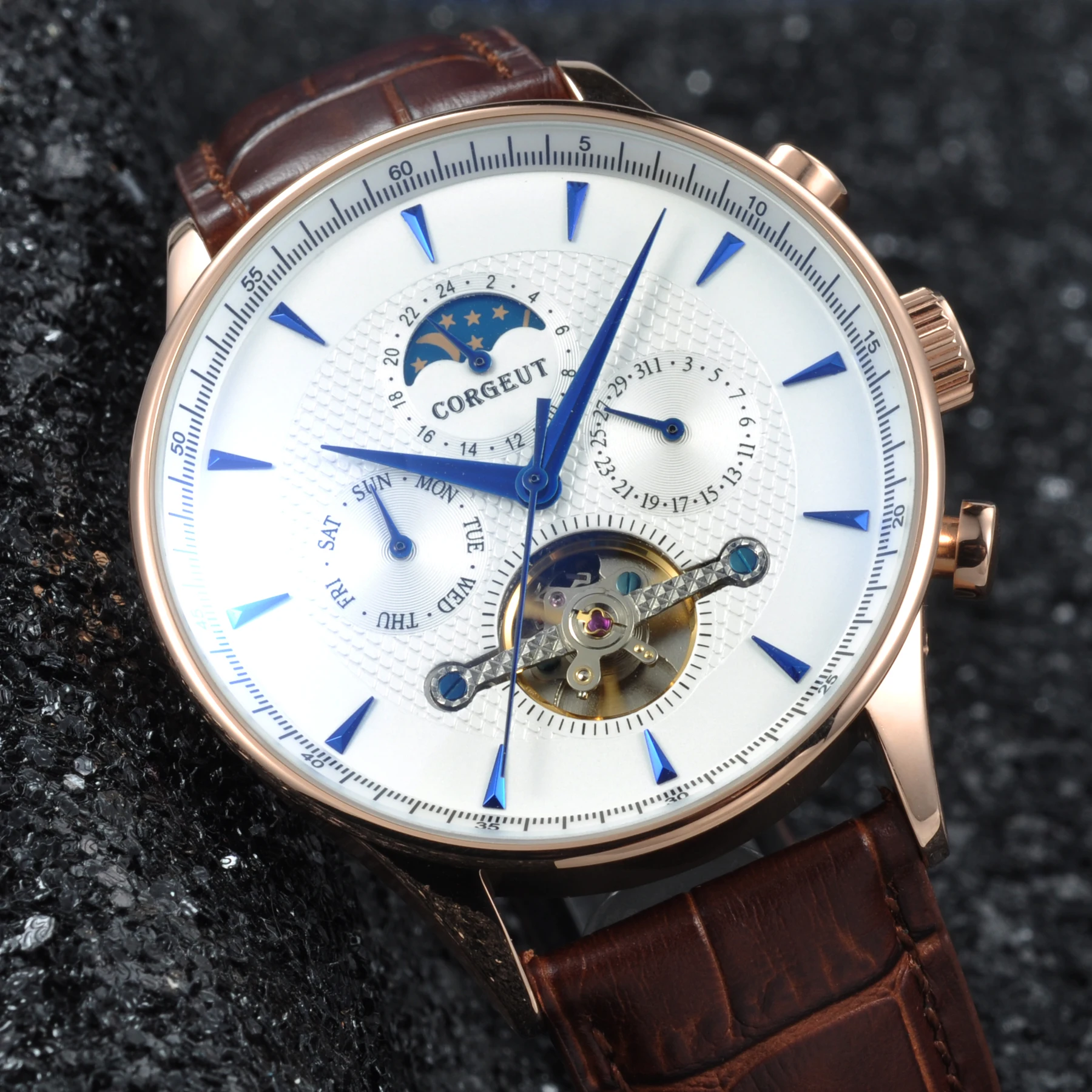 44 мм corgeut moon белый циферблат синие стрелки розовое золото чехол Дата & день