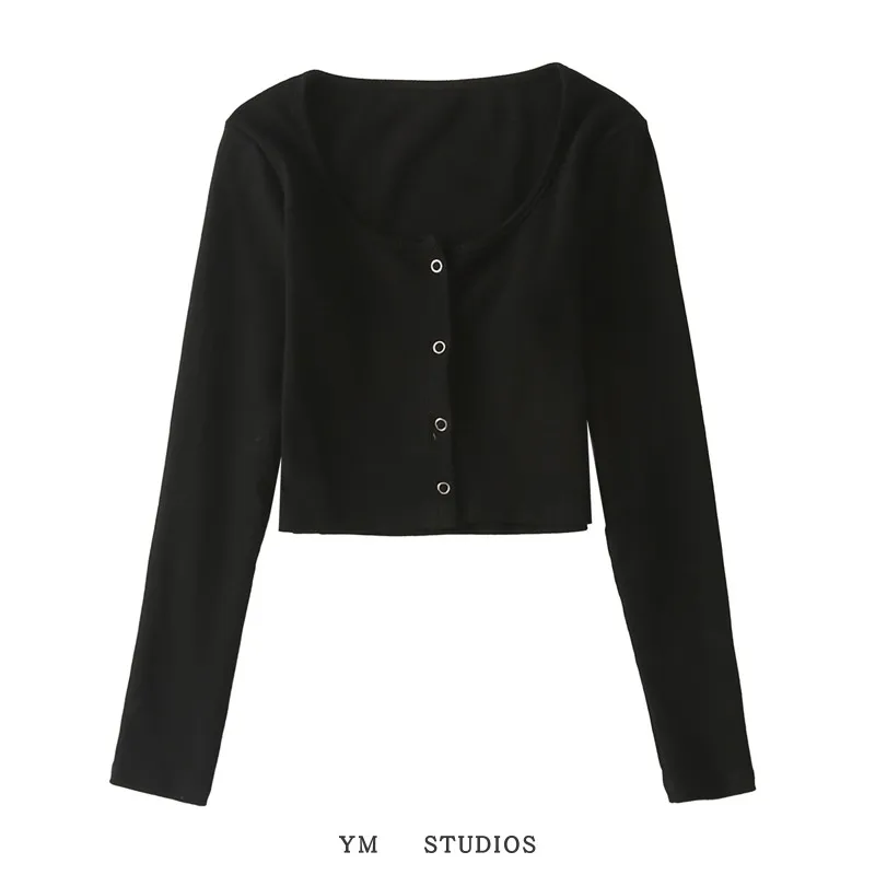 

Women's sexy U-neck single breasted long sleeve T-shirt thread cotton elastic navel short top