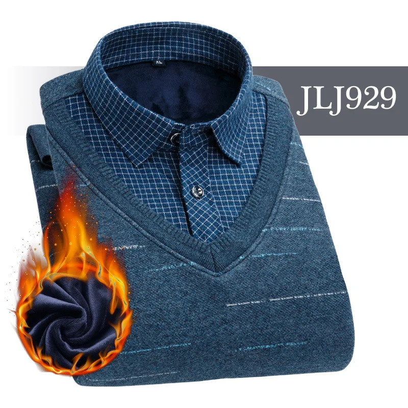 JLJ929 Мужская одежда, рубашки с вышивкой, в полоску, макет, из двух частей, платье, рубашка, имитация двойки, длинный рукав, толстый бархат, свитер, рубашки - Цвет: JLJ929