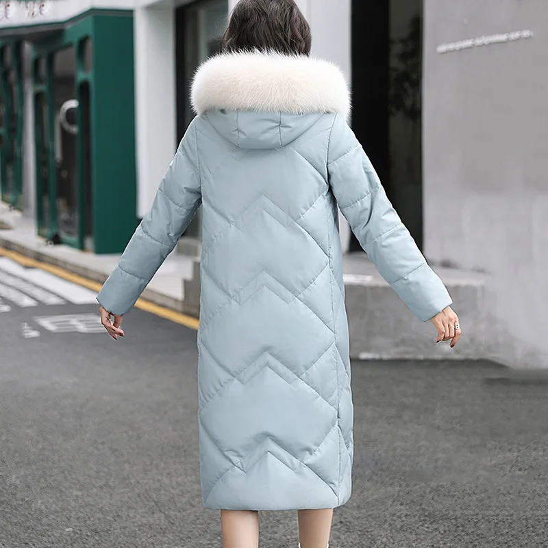 New Women Leather Overcoat Autumn Winter 2022 Fashion Real Fox Fur Collar Loose Long Sheepskin Down Jacket Leather Outerwear