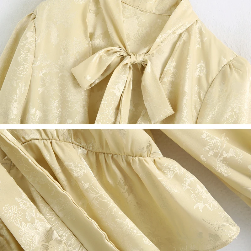 Sexy Floral Jacquard Women blouse With bow 2020 Autumn Spring Flare sleeve Female Loose shirt tops Ladies wear Chic YNZZU YT909 | Женская