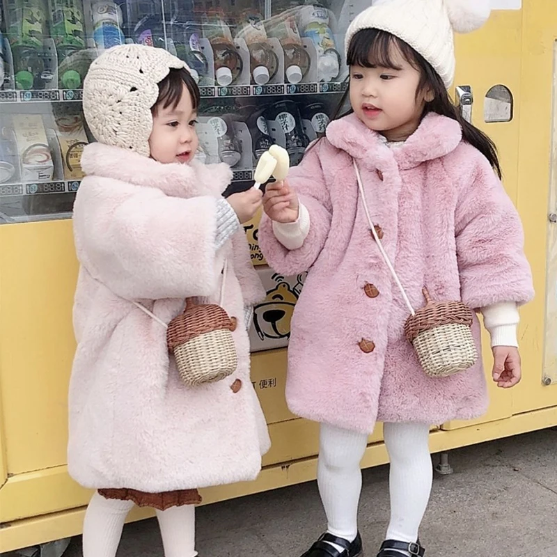 

1-8 Year Baby Girl Faux Fur Coat Clothing 2021 Autumn Winter New Fashion Korean Kids Long Jacket Granulate Wool Children Outwear