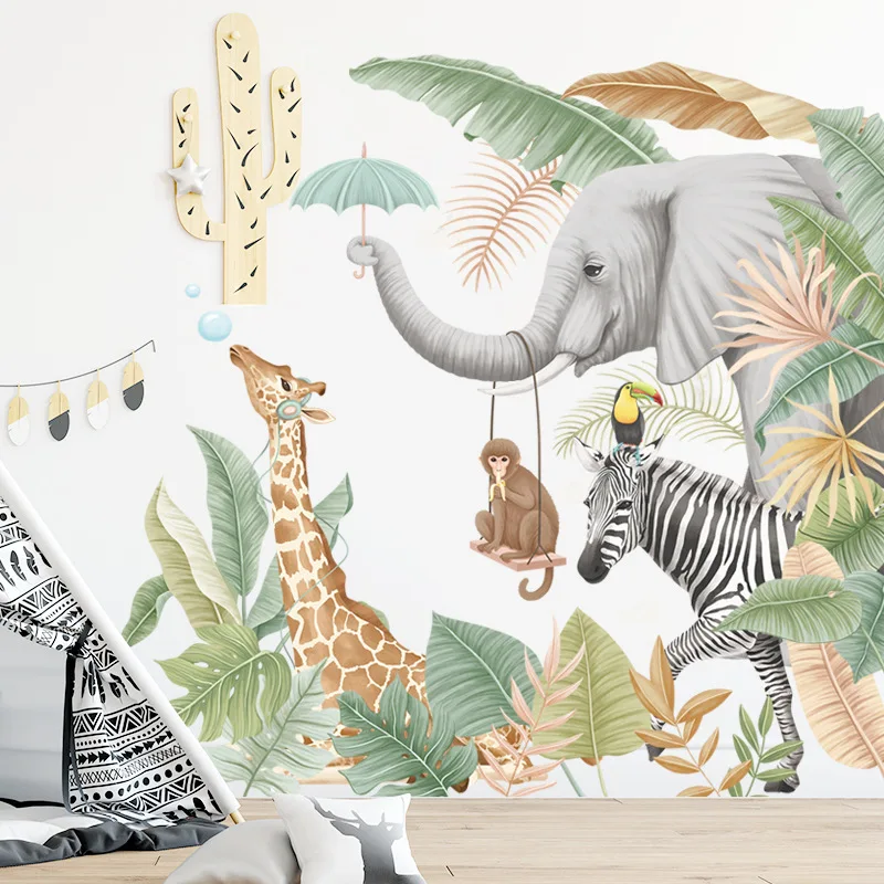 

Nordic Plant Stickers Tropical Rainforest Animal Wall Stickers Elephant Giraffe Wallpaper Cartoon Monkey Children's Room Wall St