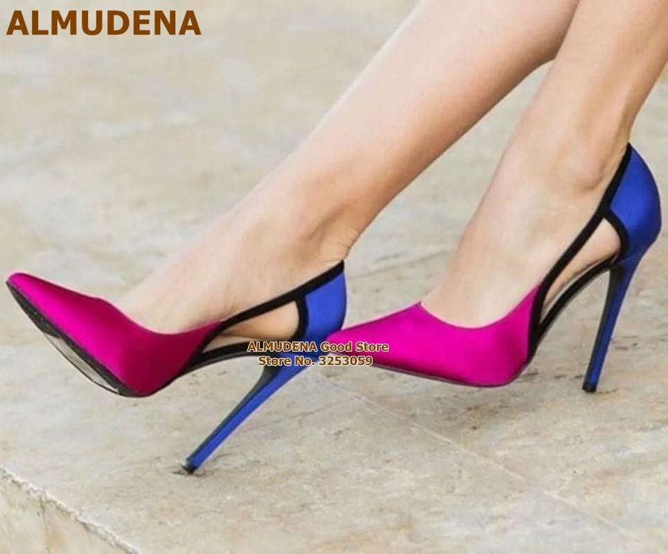 Атласная ткань ALMUDENA Лоскутные туфли на высоком каблуке фуксия синяя шелковая