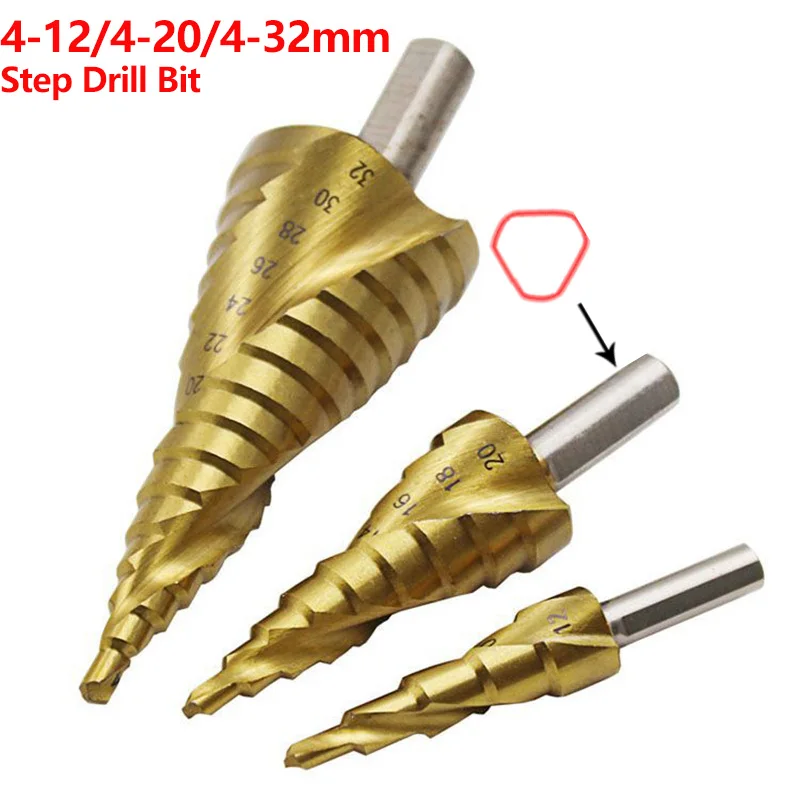 3pcs Triangle LX Hss титановые спиральные рифленые ступенчатые сверла 4-12/4-20/4-32 мм ступенчатые конусные режущие инструменты стальные деревообрабатывающие металлические сверла - Цвет: 3pcs Triangle LX