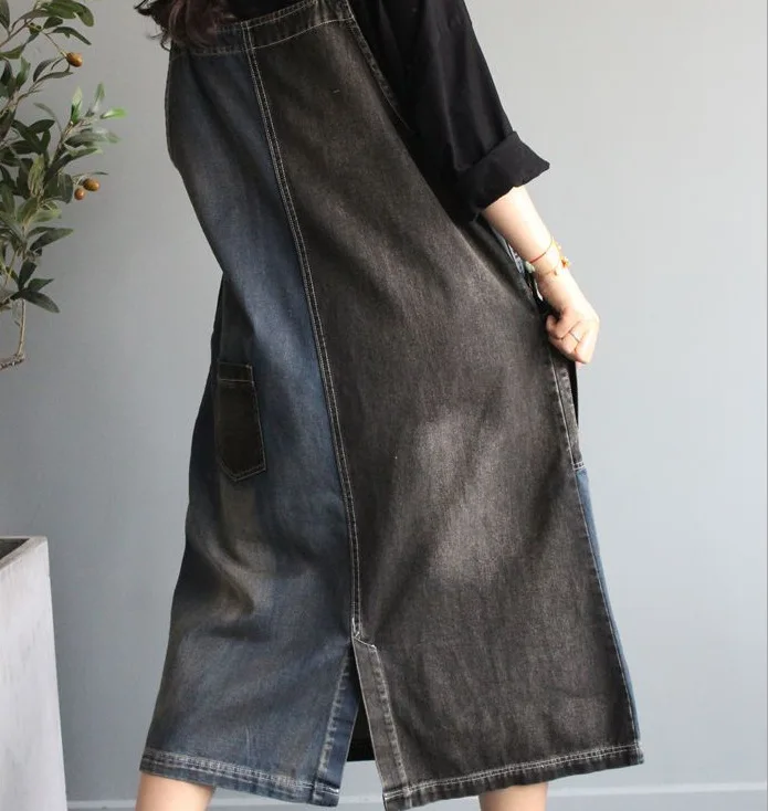 Spring Denim Skirts Women Patchwork Pockets Buttons Loose Fashion Female Casual A-Line Mid-Calf Length Braces Skirt Wild | Женская