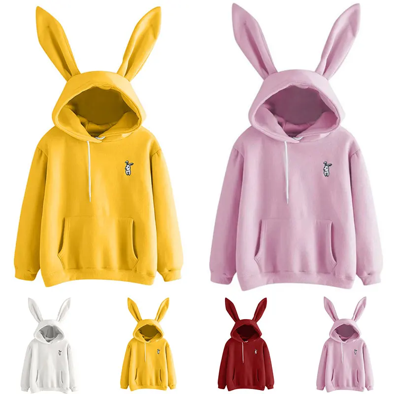 

New Cute Autumn Winter Women Hoodies Kawaii Rabbit Ears Fashion Hoodie Casual Solid Color Warm Sweatshirt Hoodies For Women