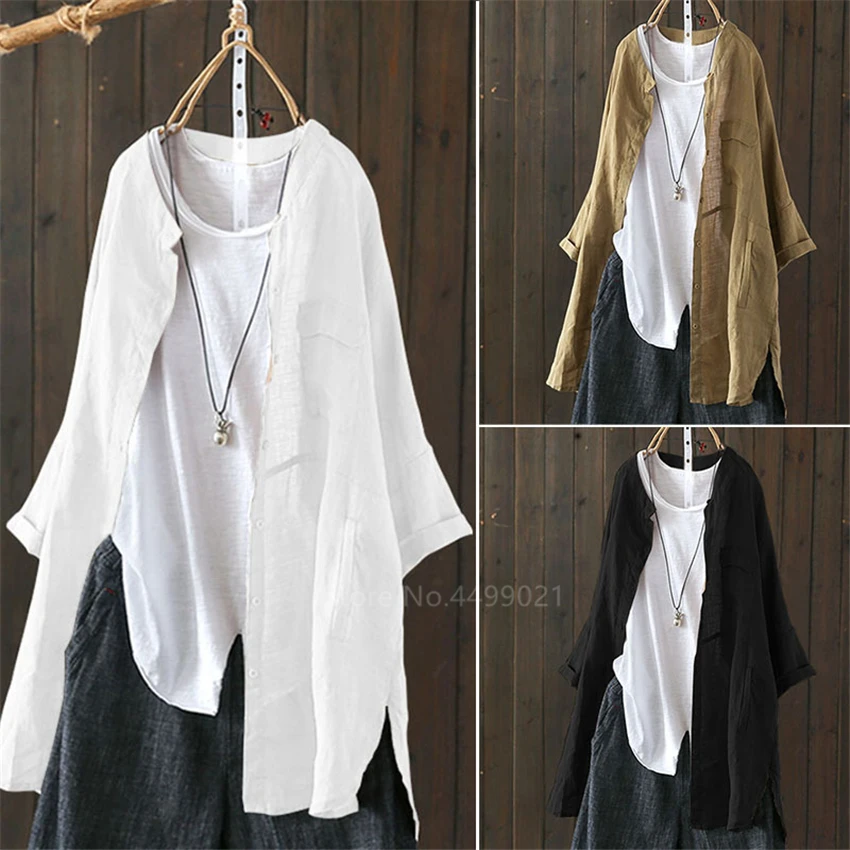 

Retro Women Chinese Style Cardigan Shirt Solid Casual Cotton Linen Summer Long Coat Blouse Full Sleeve Traditional Hanfu Jacket