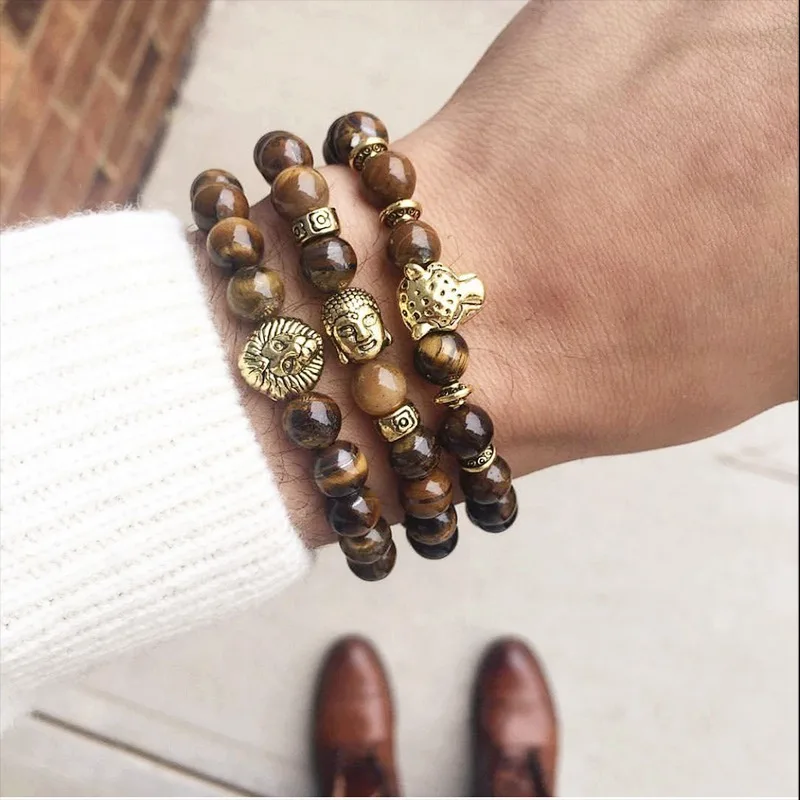 Пара браслетов для женщин и мужчин Роскошные античные Лев животных тигровый глаз