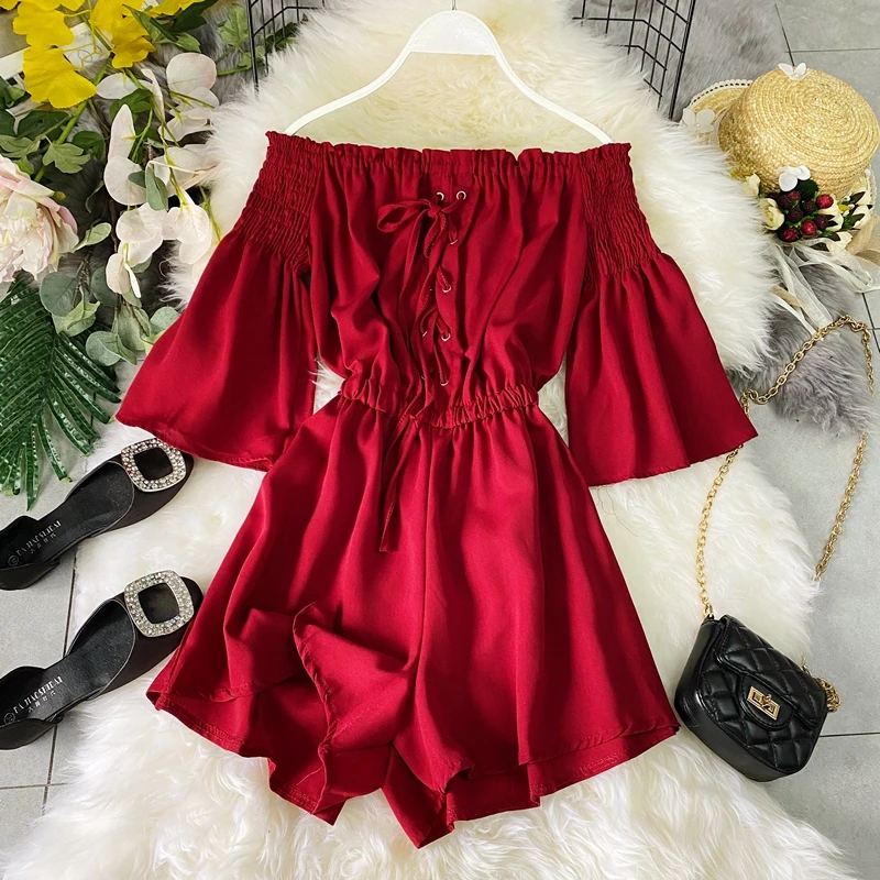 New Ladies Playsuits Solid Skinny Drawstring Playsuits Loose Shorts Trumpet Sleeves Women Slash Neck Beach Romper Overalls