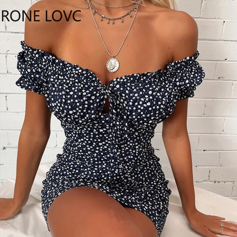 Женское Плиссированное мини платье без бретелек с открытыми плечами и цветочным