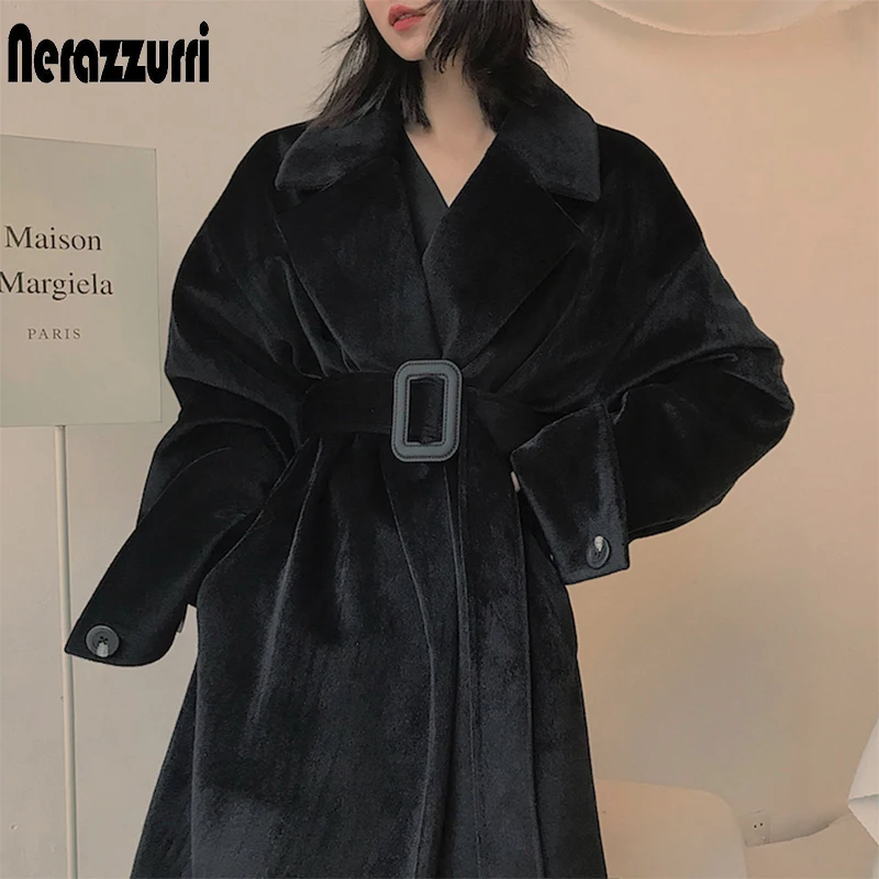 Nerazzurri Winter Oversized Long Black Faux Fur Coat Women Belt Long Sleeve Loose Warm Korean Fashion Fake Mink Fur Trench Coat