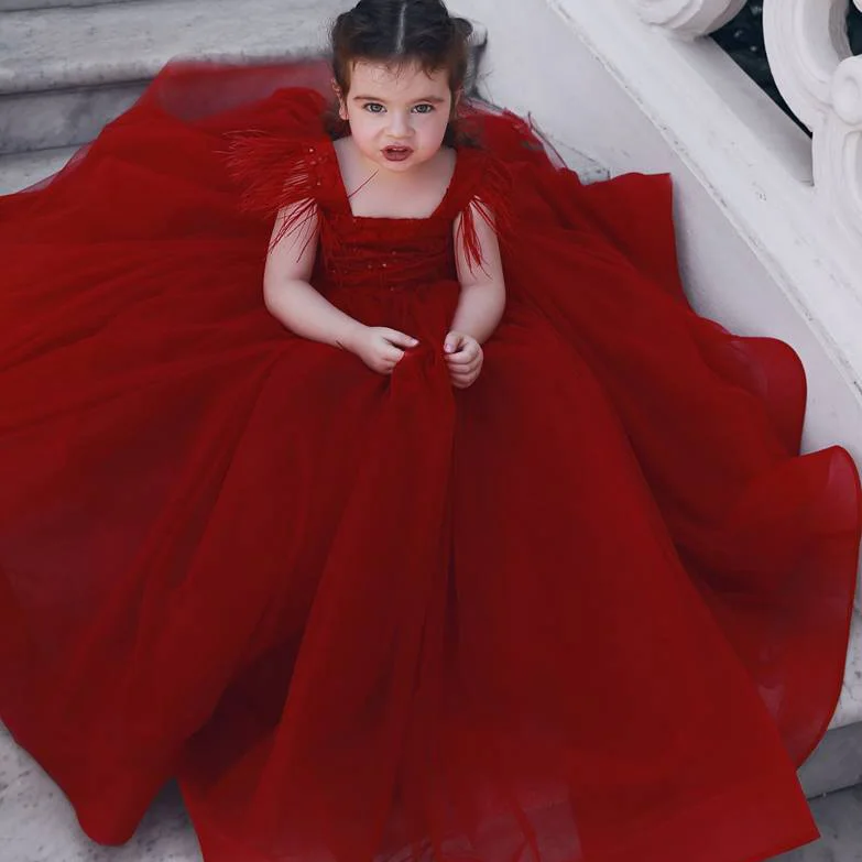 Красный для девочек в цветочек платья с Ленточки бальное платье квадратным