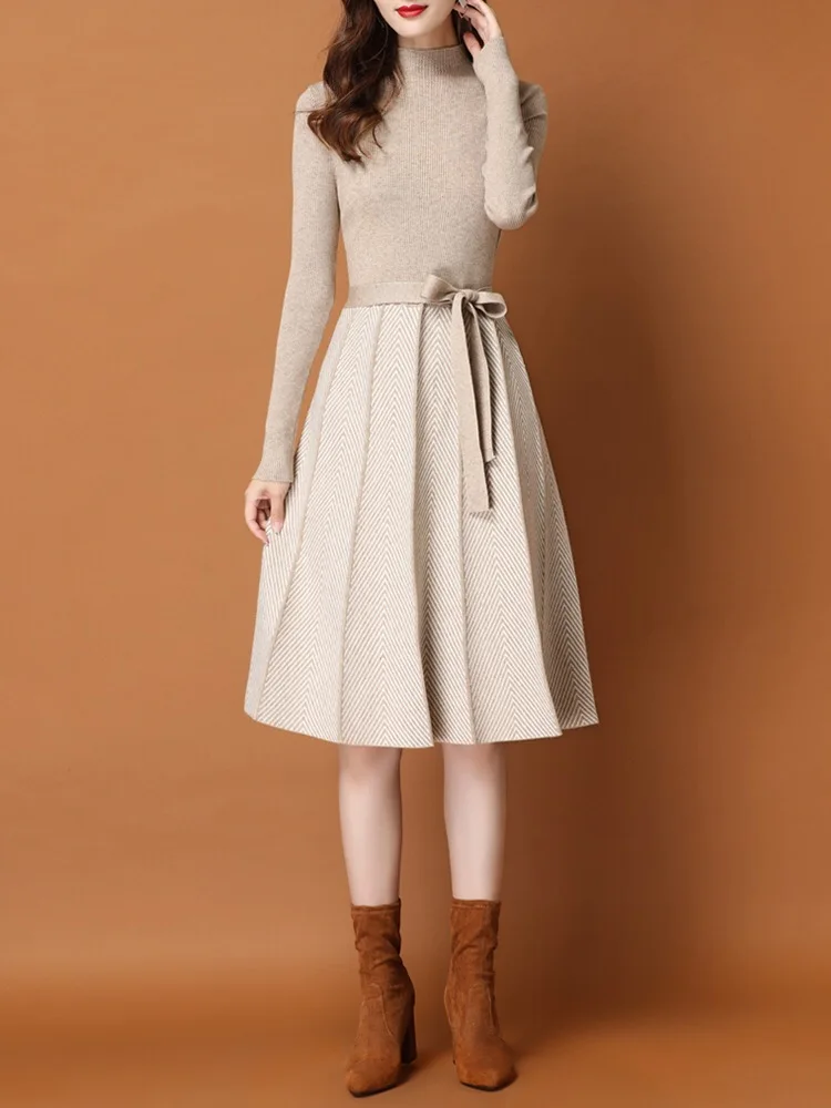 Стильное платье с воланами и длинными рукавами SMTHMA винтажное элегантное вязаное платье новой зимы для женщин в офисном стиле средней длины Vestido Da Festa.