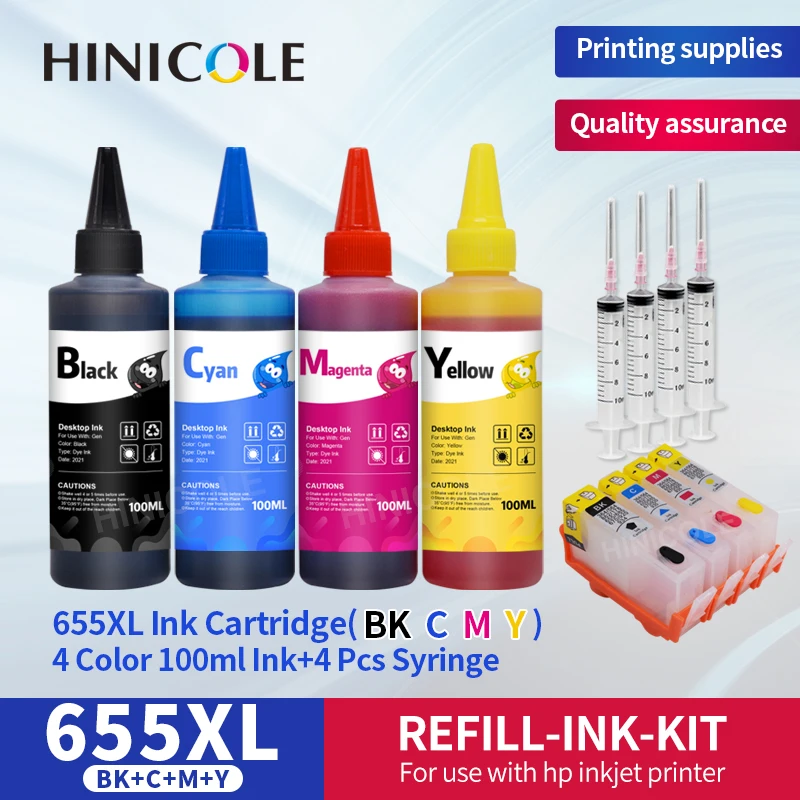 

Hinicole 655XL Compatible for HP 655 Refillable ink Cartridge Deskjet ink advantage 4625 4615 3525 5525 + 4 Bottle Printer Ink