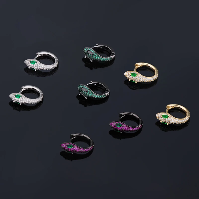 Top Quality Fashion Gun Black Gold Silver Plated Micro Mosaic AAA+ CZ Green Eye Snake Hoop Earrings For Women INS Jewelry