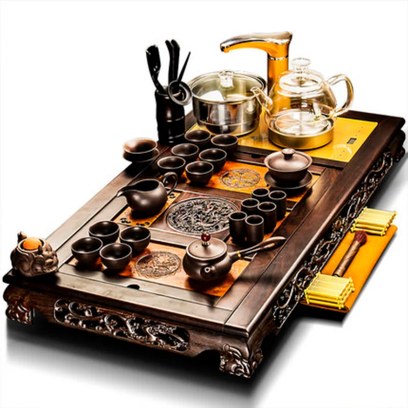 

Free ship Classical Tea Tray Ebony Solid Wood Tea Set Ceramic Purple Sand Teapot Teacup Set Automatic Fast Furnace Home Teaset