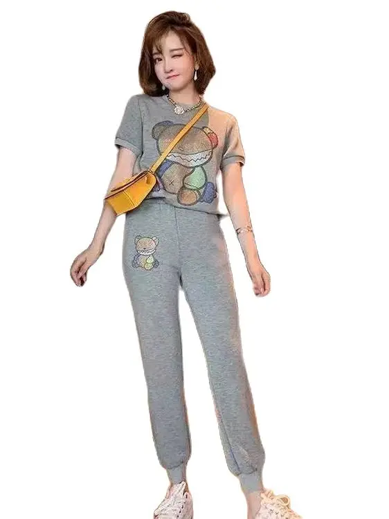 

Women 's Sports and Leisure Suit 2021 Summer New Western Style Slimming Diamond High Waist Short Sleeve Running Two - Piece Suit