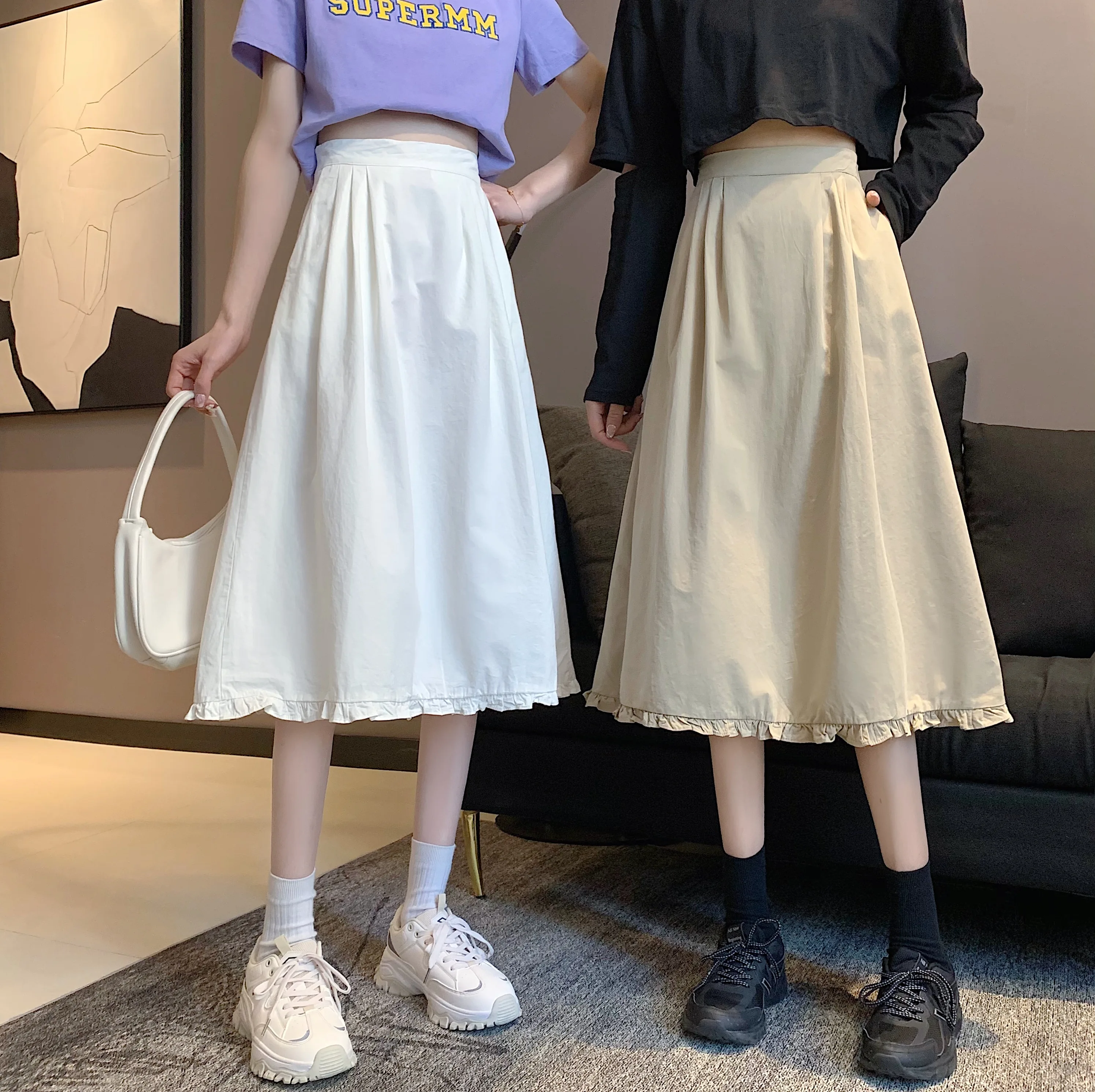

Spring 2021 new women's skirts Korean version of high waist thin lace a-line skirt all-match mid-length skirt