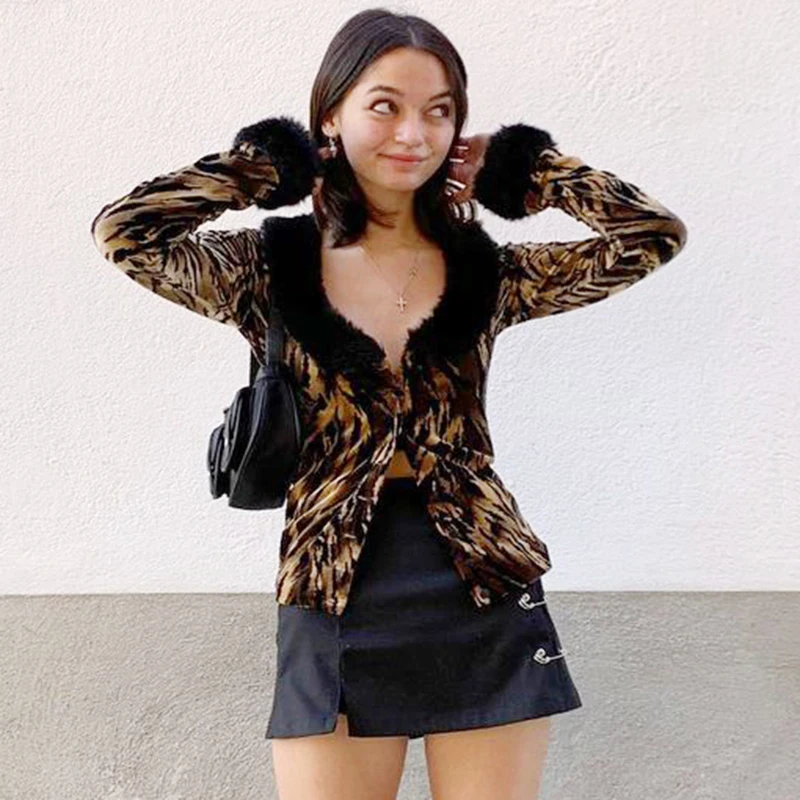 

Y2K Shirt Beautiful Leopard Print Ladies Cardigan with Fur Collar Girl Blouse Club Dark Beauty Retro Fashion Long Sleeve E