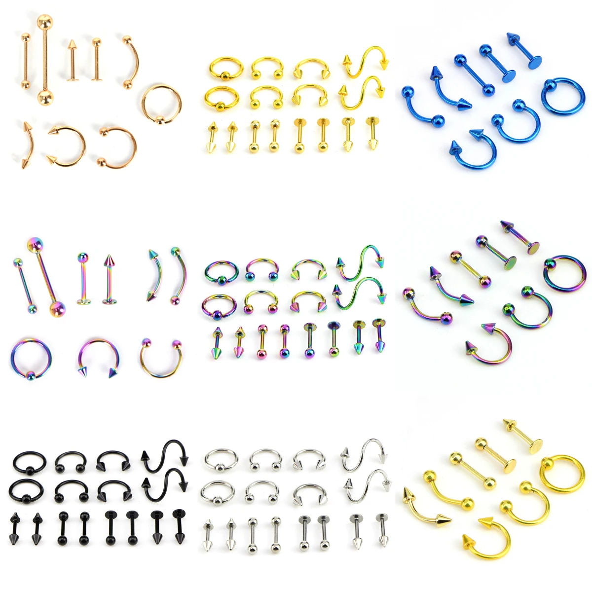 8/9/16Pcs Mix Ear Eyebrow Lip Nose Tongue Piercing Set Bar Ball Ring Spiking Surgical Stainless Steel Jewelry For Women Men | Украшения и