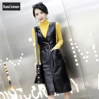 elegant dress womens spring autumn new sheepskin black slim solid korean genuine leather office lady fashion casual strap dress