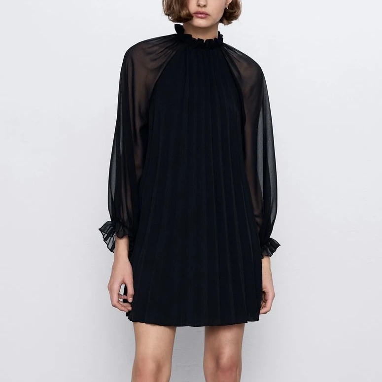 Весна 2020 новое Плиссированное черное шифоновое мини платье корейское с