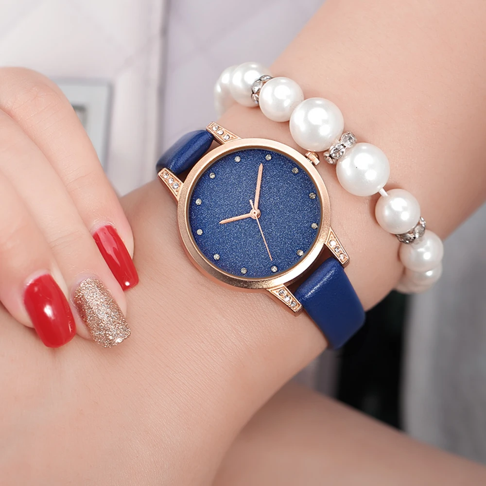 Женские наручные часы с блестками модные кварцевые синим звездным небом и