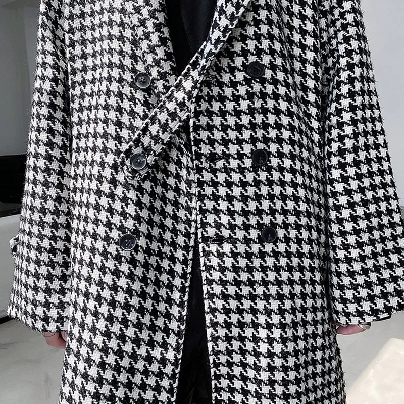 

Autumn Winter Male Casual Overcoat Jacket Men Vintage Houndstooth Double Breasted Loose Plaid Woolen Long Trench Coat Outerwear