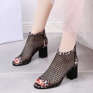High-heeled Sandals Womens 2021 Fashion New Summer Mesh Thick with Leopard Fish Mouth Mesh Joker Hollow Mesh Shoes Cool Boots.