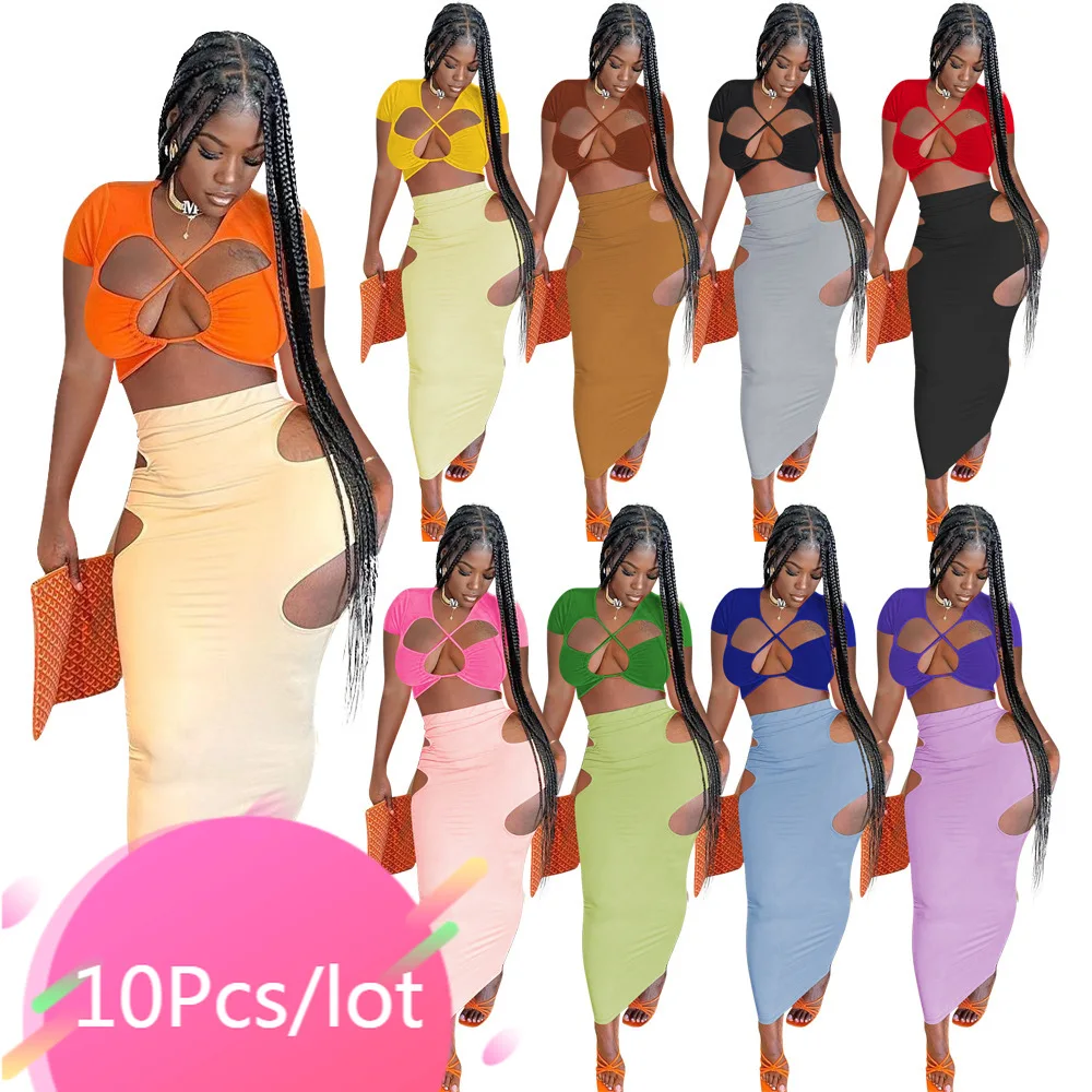 

Bulk Wholesale Items Women Summer 2 Piece Set Cross Lacing Up Crop Top Hollow Out Bodycon Skirt Sets Sexy Club Party Outfits
