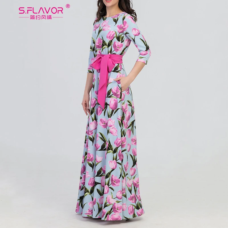 S. FLAVOR весеннее Модное Длинное платье для женщин Элегантные Вечерние Платья с цветочным принтом женские повседневные платья с круглым вырезом