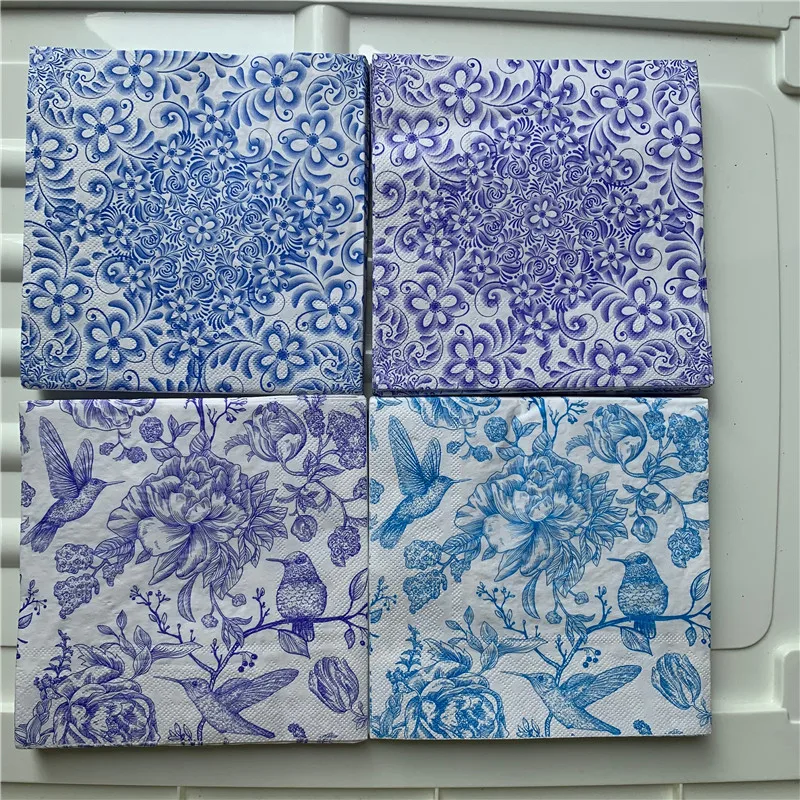 20 винтажных салфеток Элегантные салфетки синие фиолетовые цветы птица декупаж